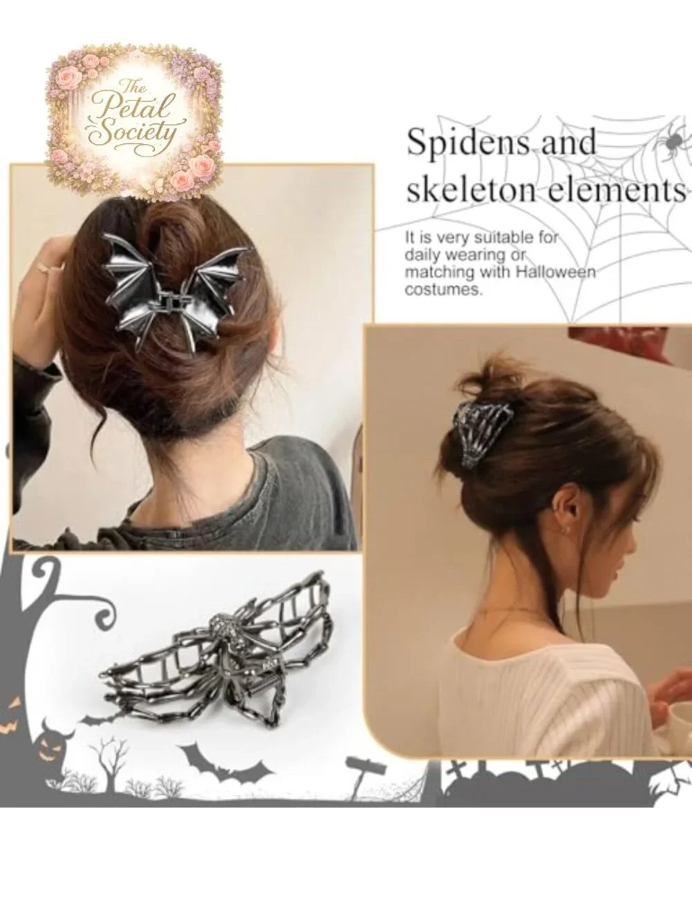 4 Piece Gothic Hair Clips Metal Skull Bat Spider Web Claw Clips